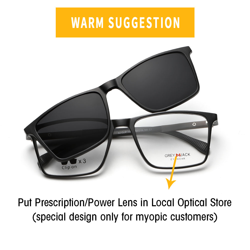 GREY JACK Polarized Rectangle Clip On Glasses 3PCS Magnetic Lens 10006