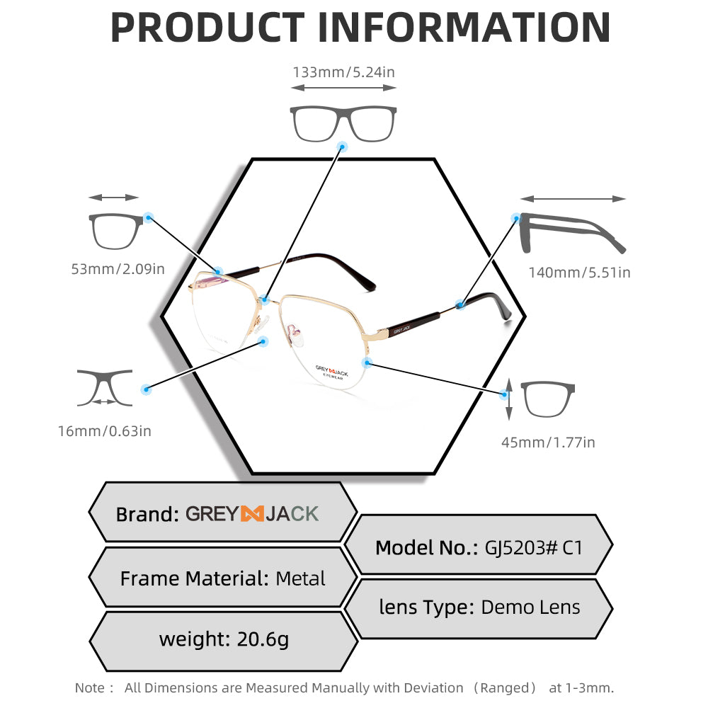 GREY JACK Metal Half Rim Spectacle Frame with Spring Hinge for Unisex ...